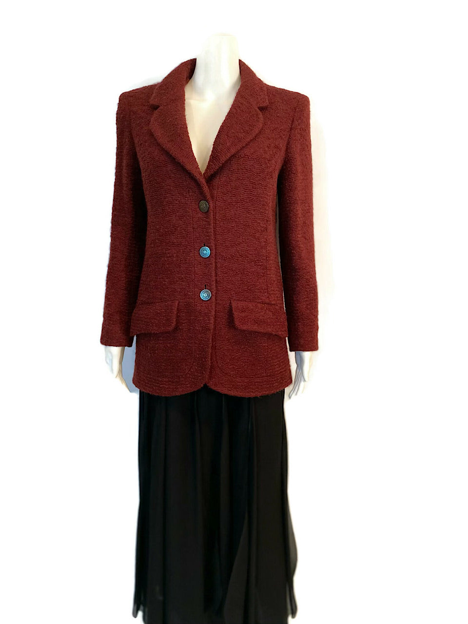 97A, 1997 Fall Vintage Chanel Mahogany Rust Boucle Blazer Jacket FR 38