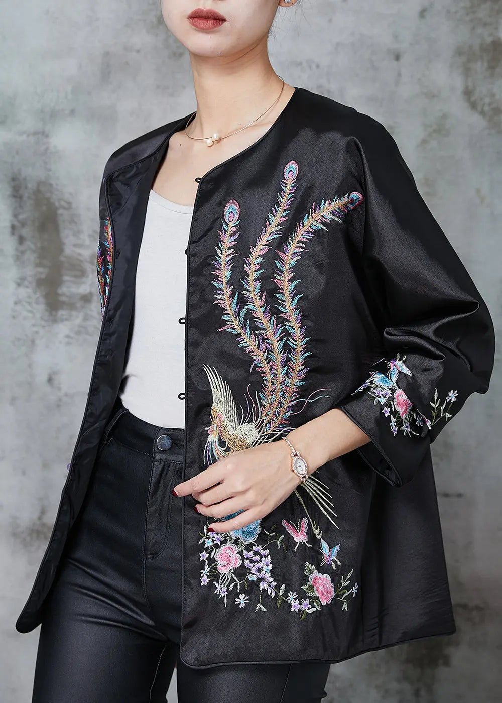 Black Chinese Style Silk Coat Embroidered Spring JK1058