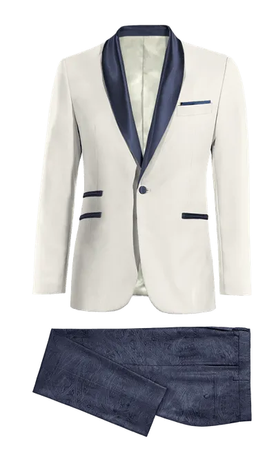  Blazer Esmoquin marfil con solapa en azul slim fit y pantalón azul