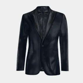  Blazer Tuxedo azul marino de terciopelo solapa en pico