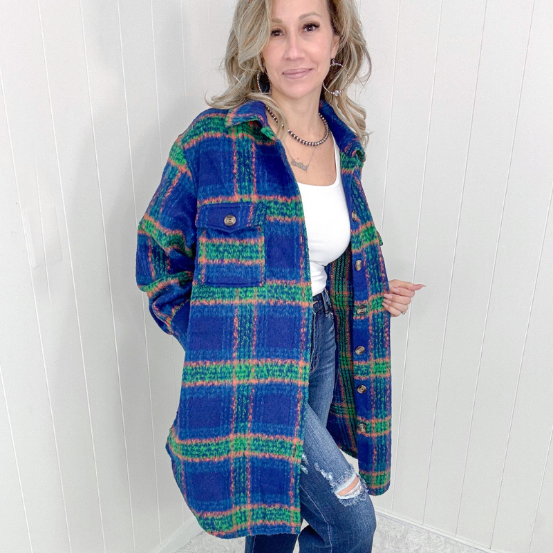 Blue Plaid Brushed Flannel Long Jacket