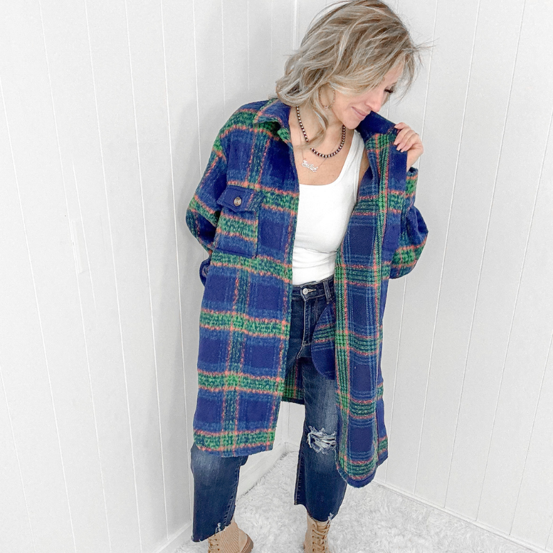 Blue Plaid Brushed Flannel Long Jacket