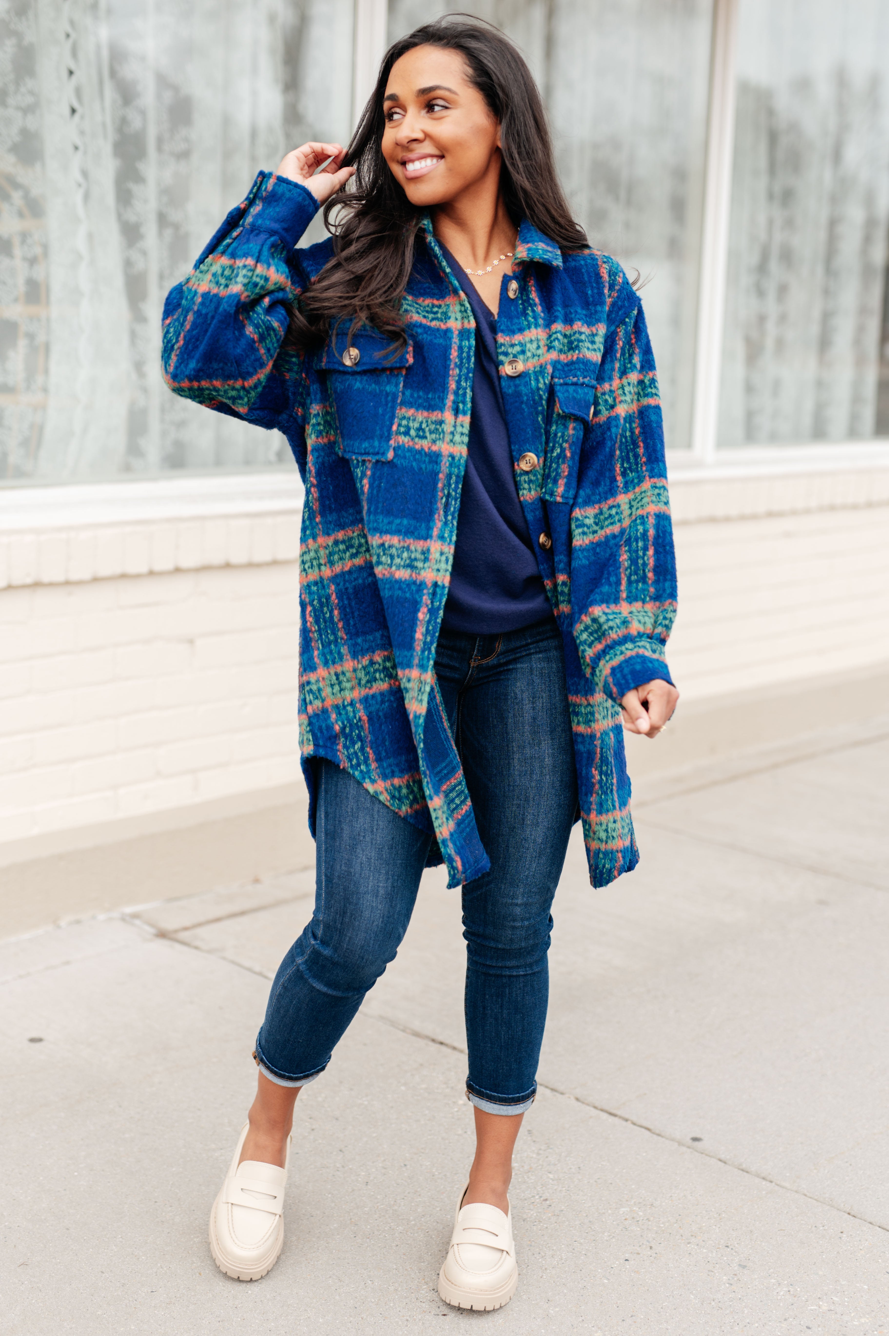 Blue Plaid Brushed Flannel Long Jacket