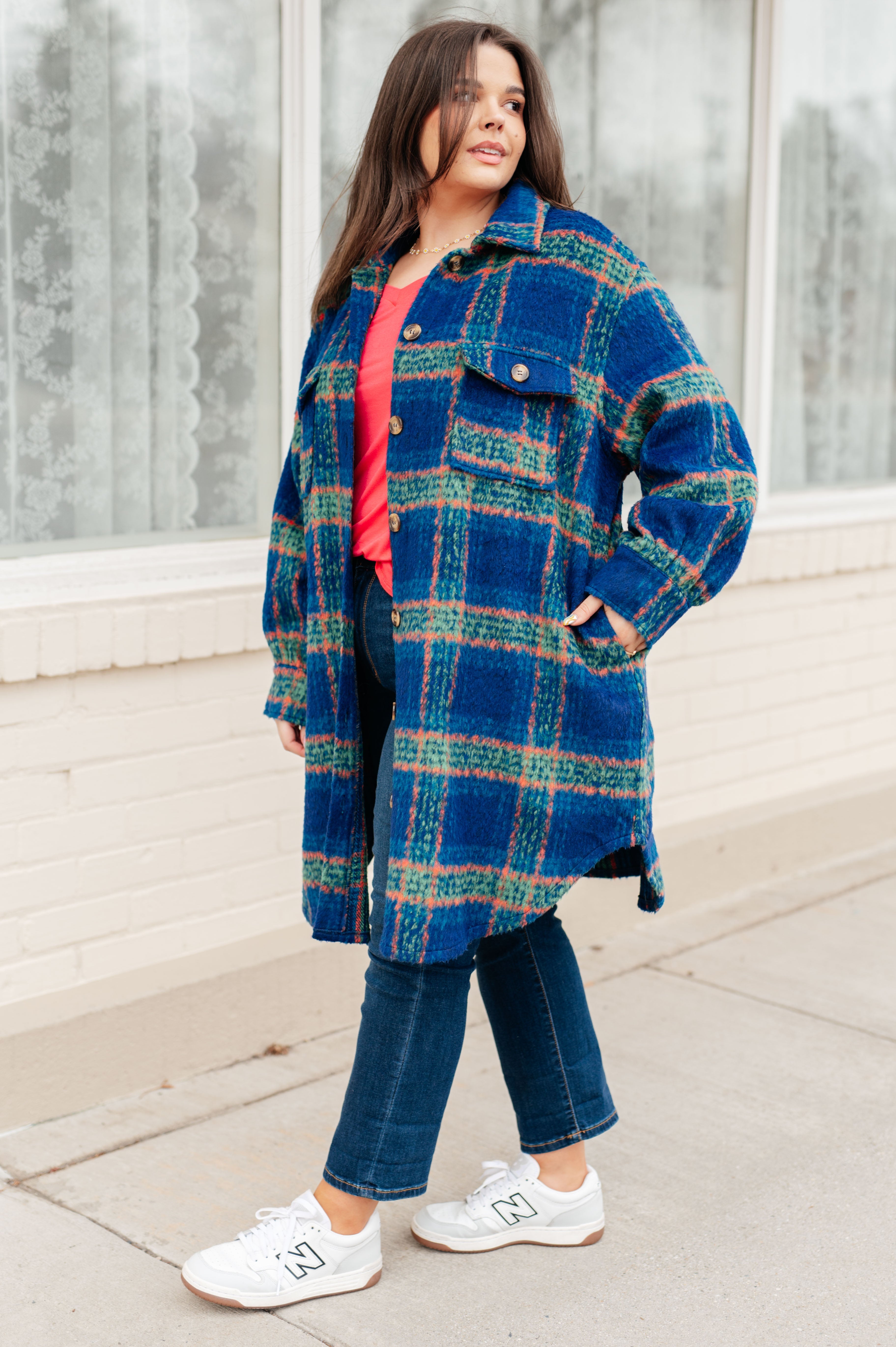 Blue Plaid Brushed Flannel Long Jacket