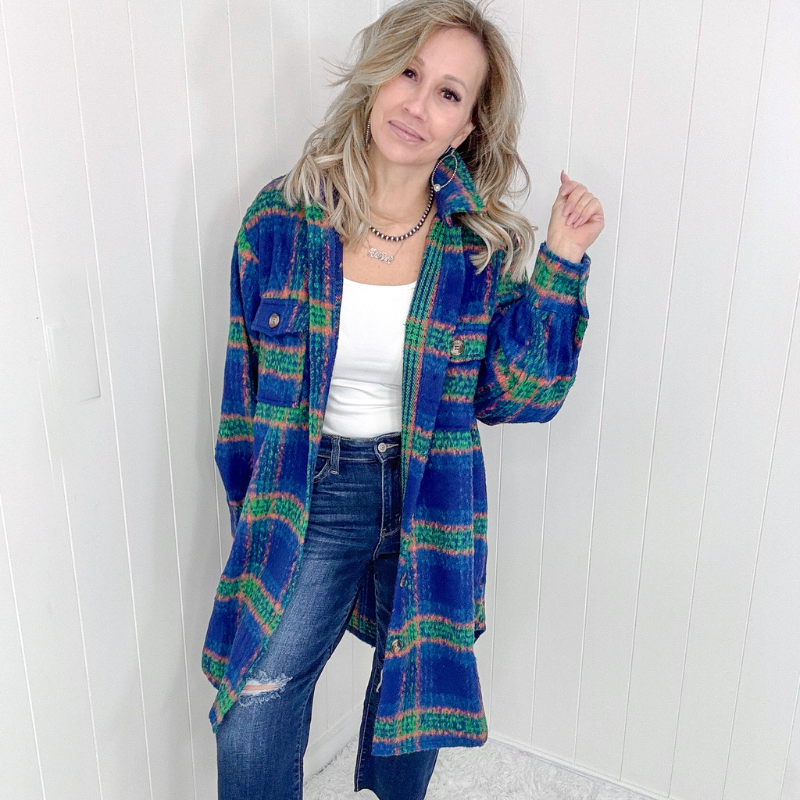 Blue Plaid Brushed Flannel Long Jacket