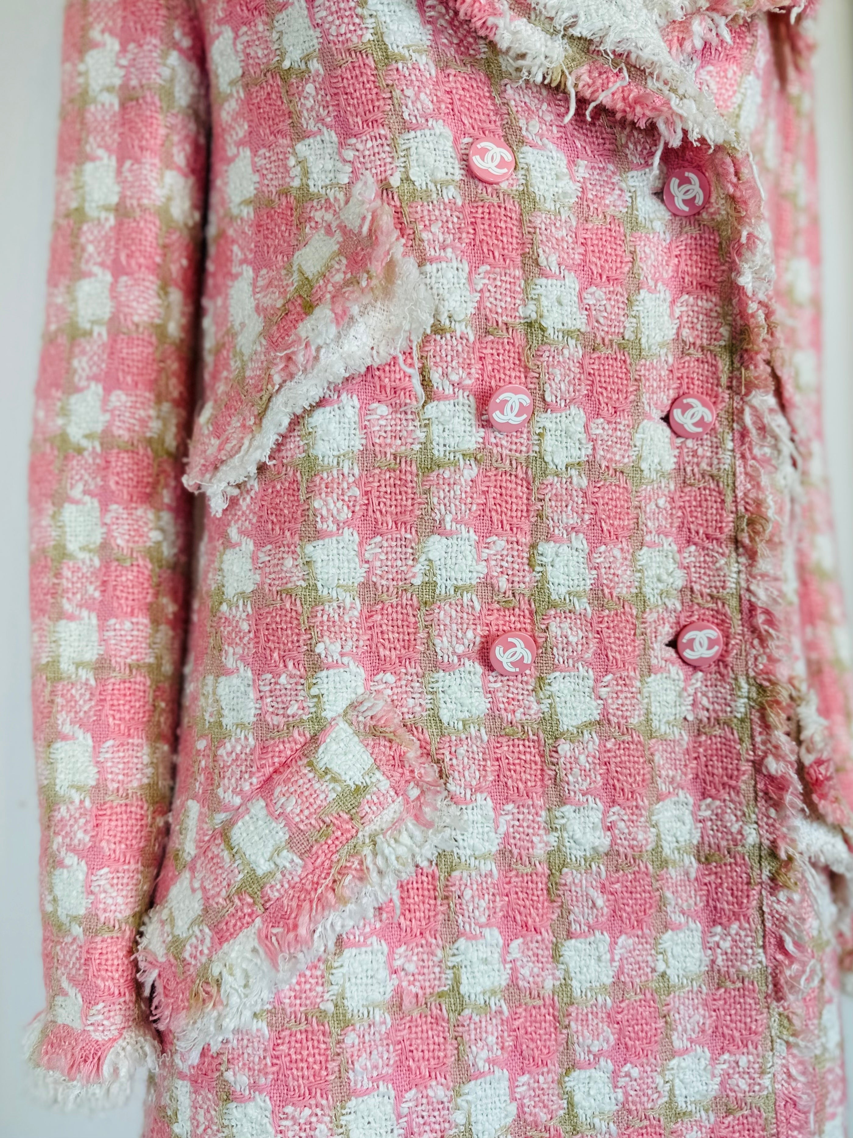 CHANEL - Long Coat tweed pink/white size 36 FR