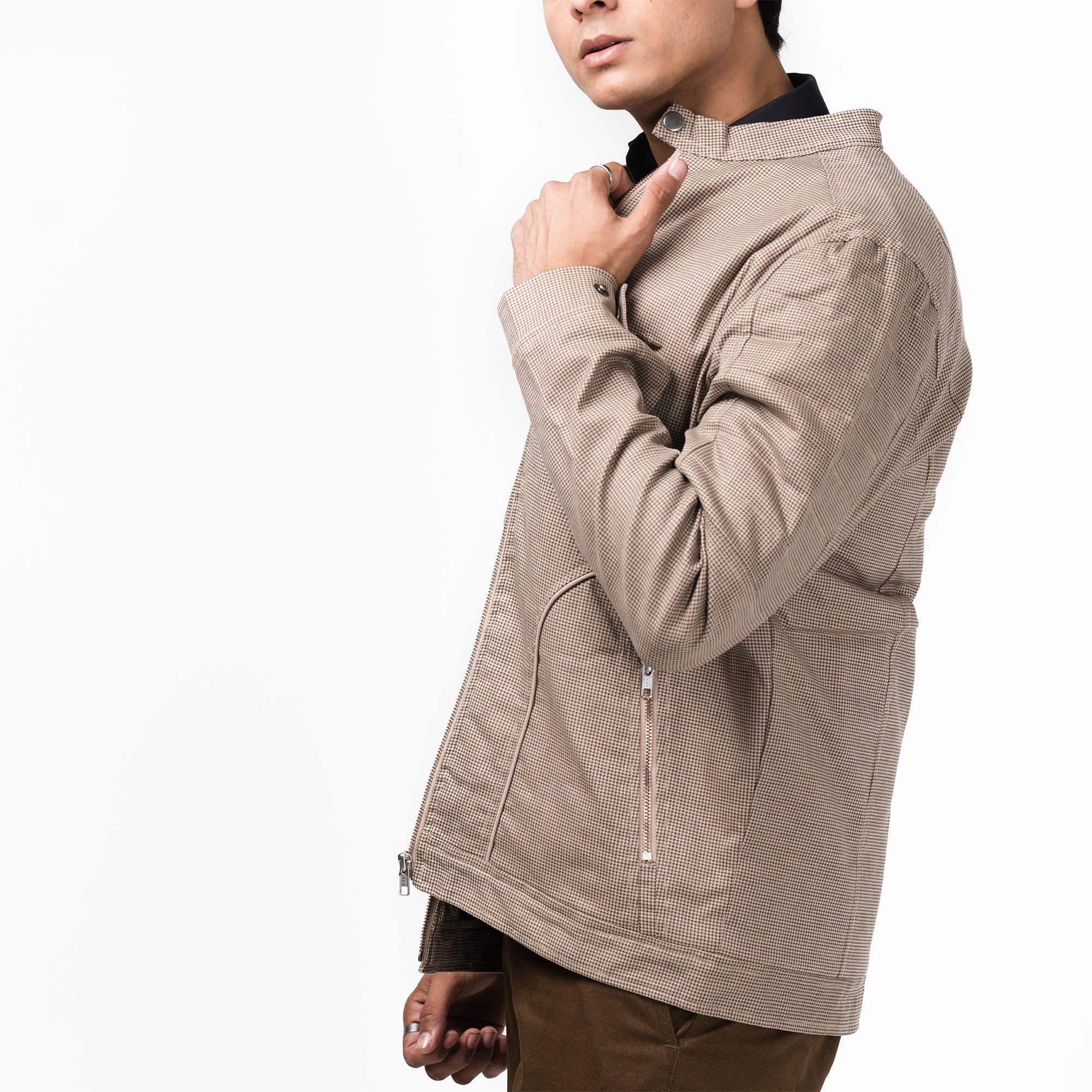 Cotton Checkered Jacket-Beige