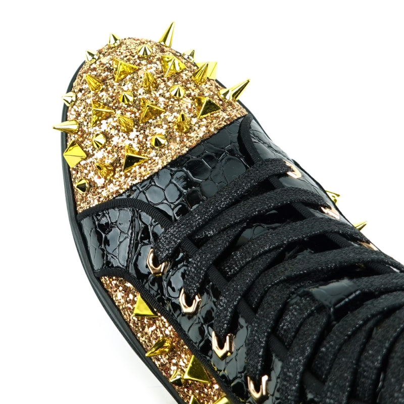 FI-2369 Black Gold Spikes High Top Sneakers