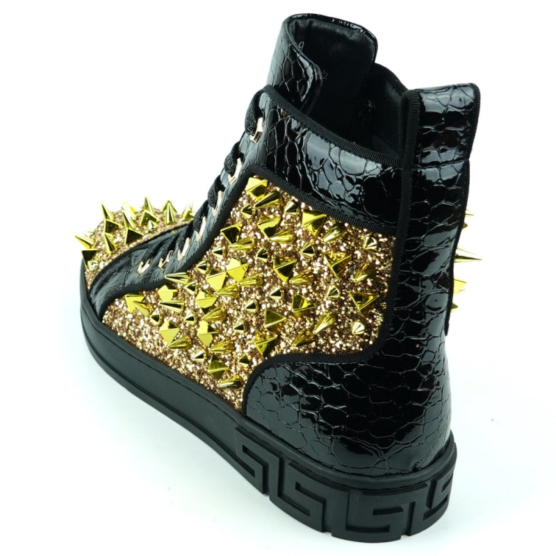 FI-2369 Black Gold Spikes High Top Sneakers