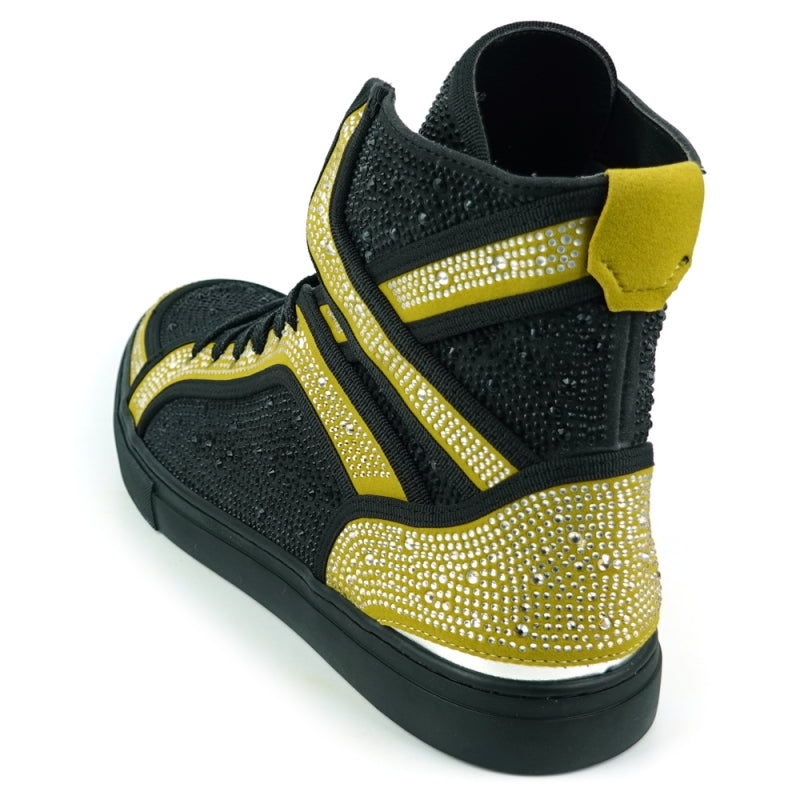 FI-2402 Black Gold Rhinestones High Top Sneakers