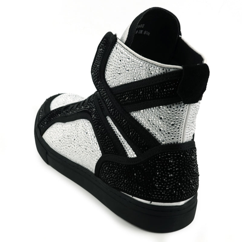 FI-2402 Black White Rhinestones High Top Sneakers