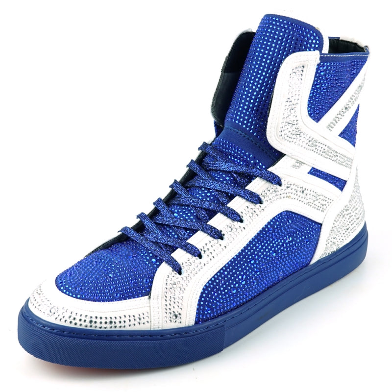 FI-2402 White Blue Rhinestones High Top Sneakers