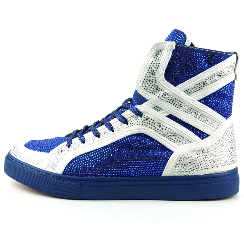 FI-2402 White Blue Rhinestones High Top Sneakers