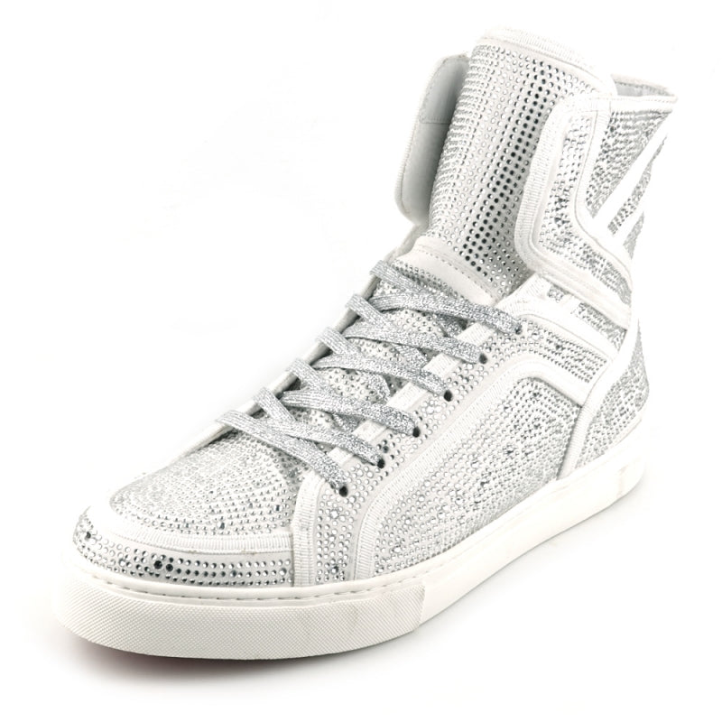 FI-2402 White Rhinestones High Top Sneakers