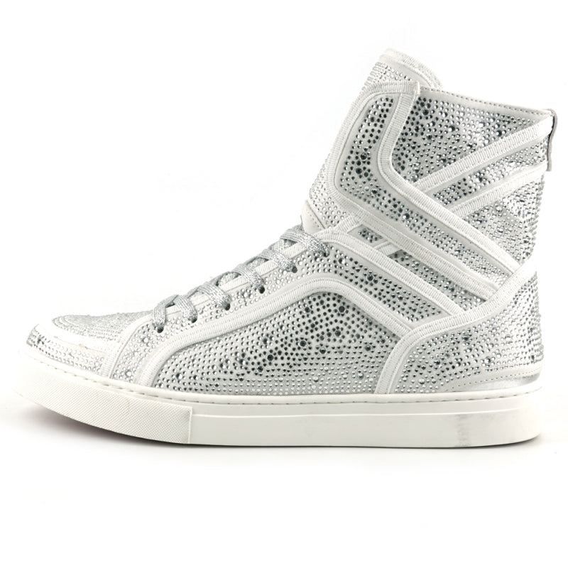 FI-2402 White Rhinestones High Top Sneakers