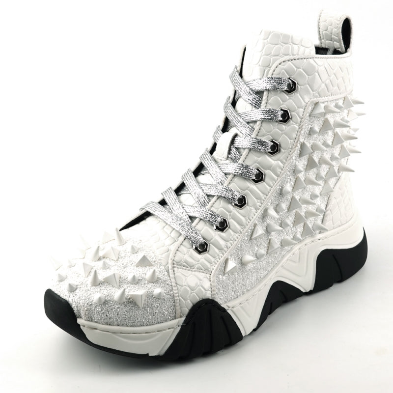 FI-2405 White Spikes High Top Sneakers Encore by Fiesso