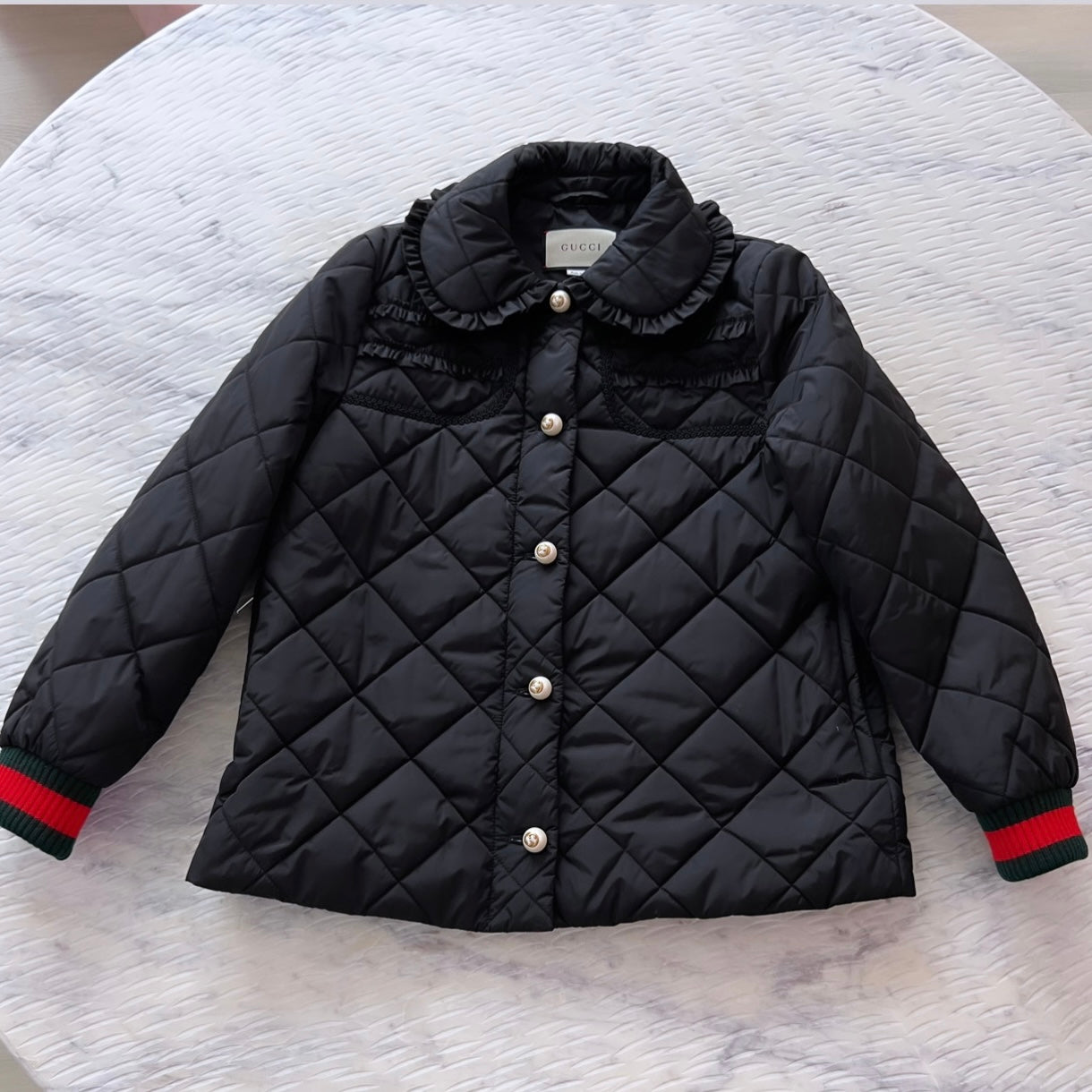 Gucci Black Ruffle Pearl Quilted Jacket