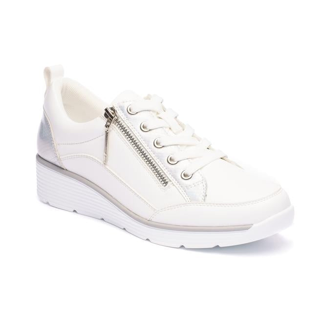 Ladies Lunar Shoes Kiley Trainer White Wedge Heel Laced Zip