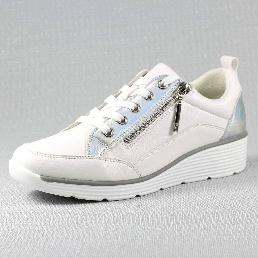 Ladies Lunar Shoes Kiley Trainer White Wedge Heel Laced Zip