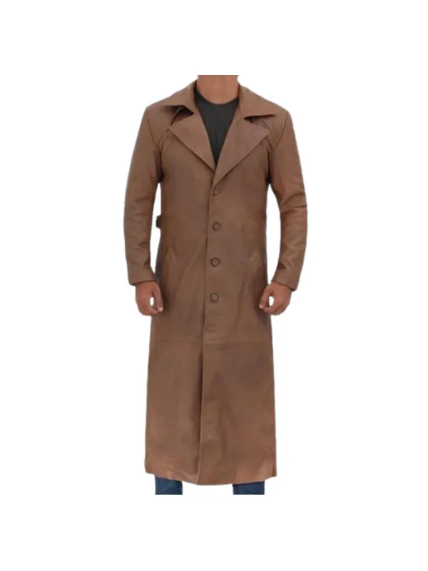 Mens Leather Long Brown Trench Coat