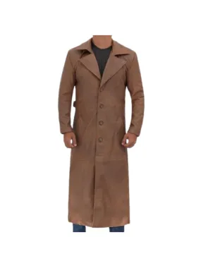 Mens Leather Long Brown Trench Coat