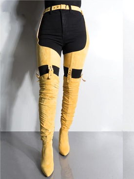 Mustard Yellow Suede Belt Thigh High Boots