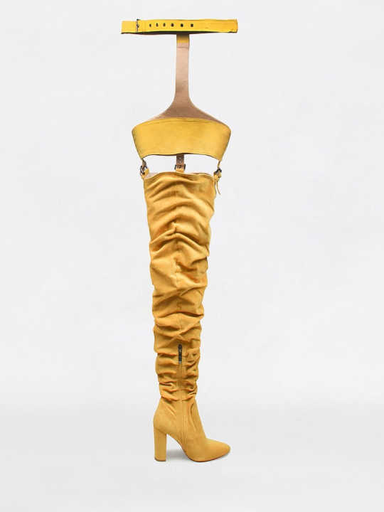 Mustard Yellow Suede Belt Thigh High Boots