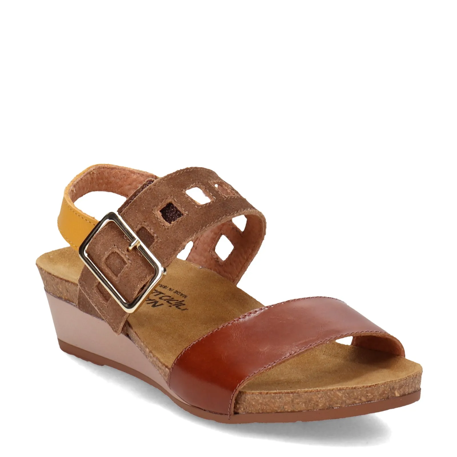 Naot Womens Dynasty Dressy Wedge Sandal- Brown Marigold Leather