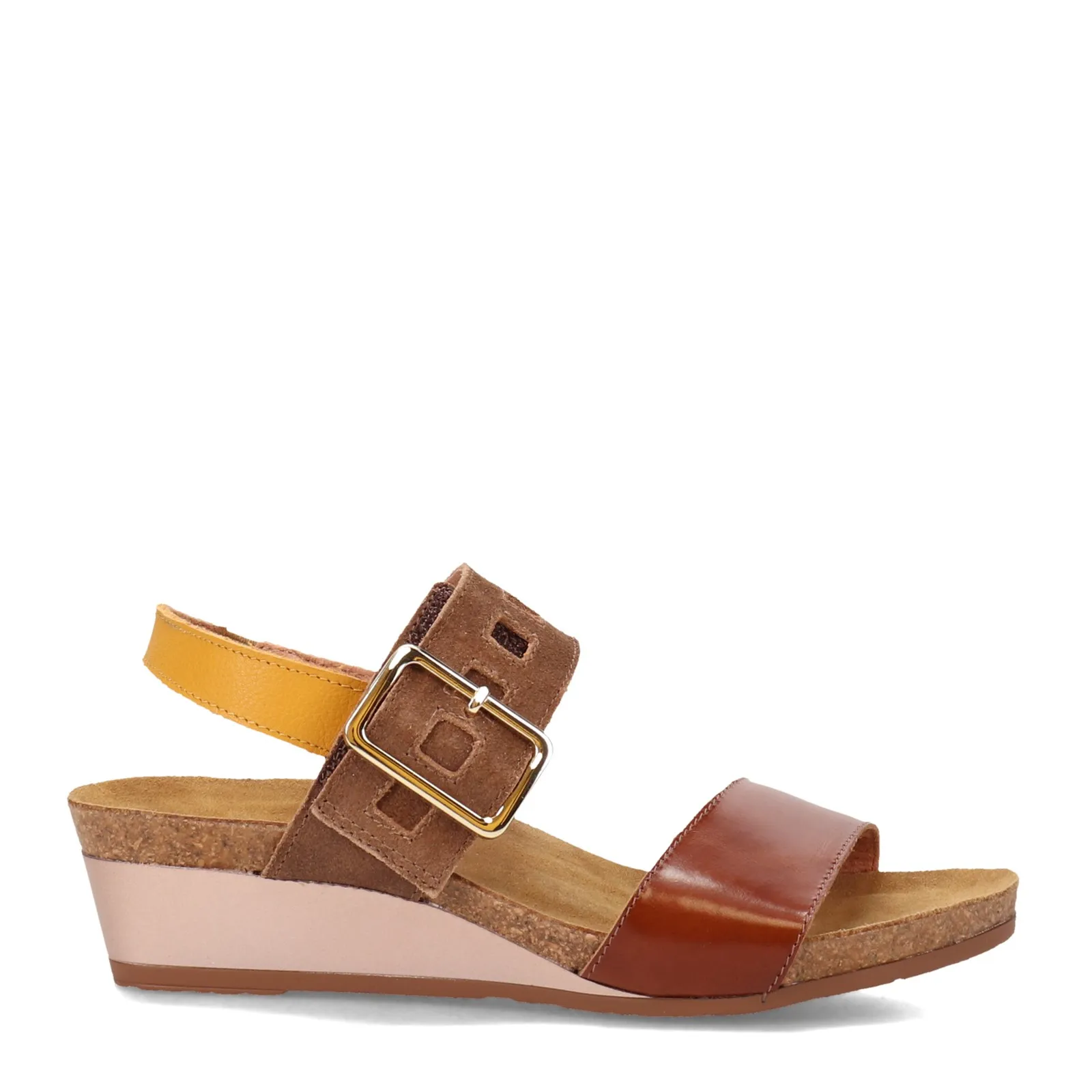 Naot Womens Dynasty Dressy Wedge Sandal- Brown Marigold Leather