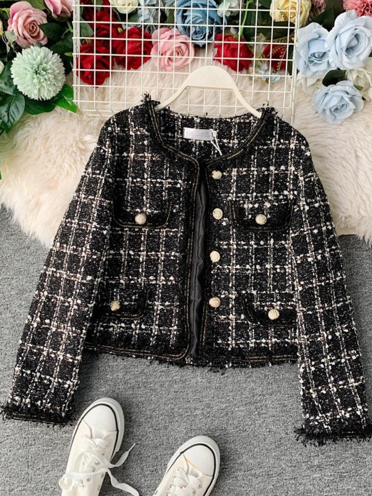 Patchwork Vintage Cropped Tweed Jacket Women