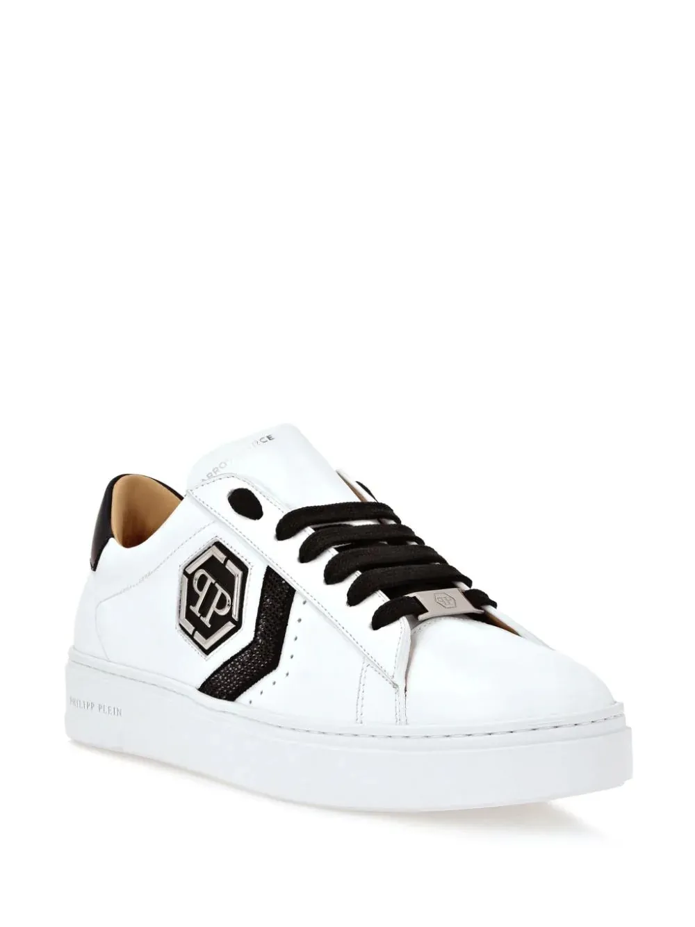 PHILIPP PLEIN White Nappa Leather Low-Top Sneakers Strass Hexagon