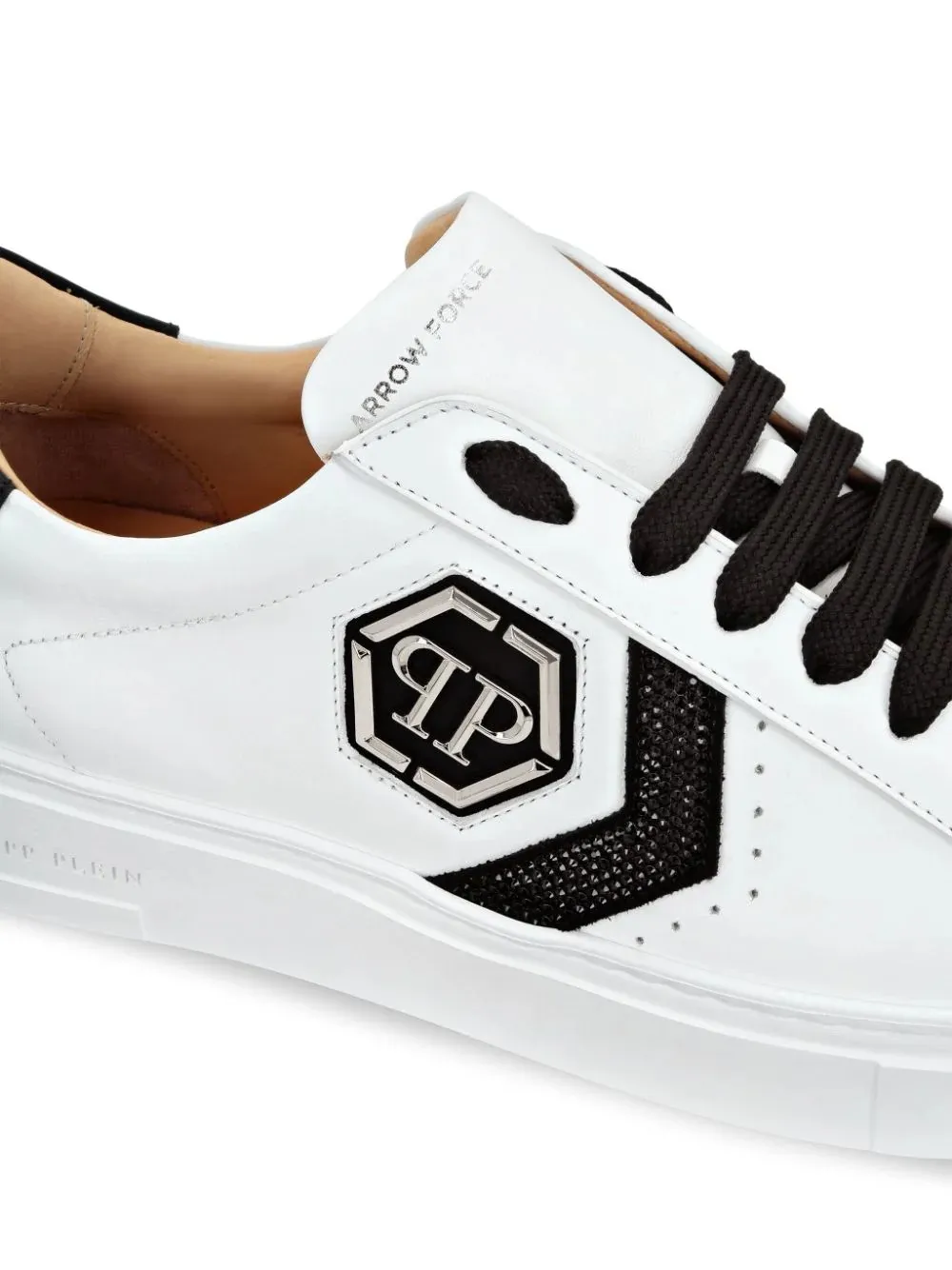 PHILIPP PLEIN White Nappa Leather Low-Top Sneakers Strass Hexagon