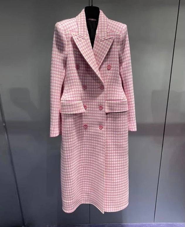 Pink Houndstooth Long Lapel Coat