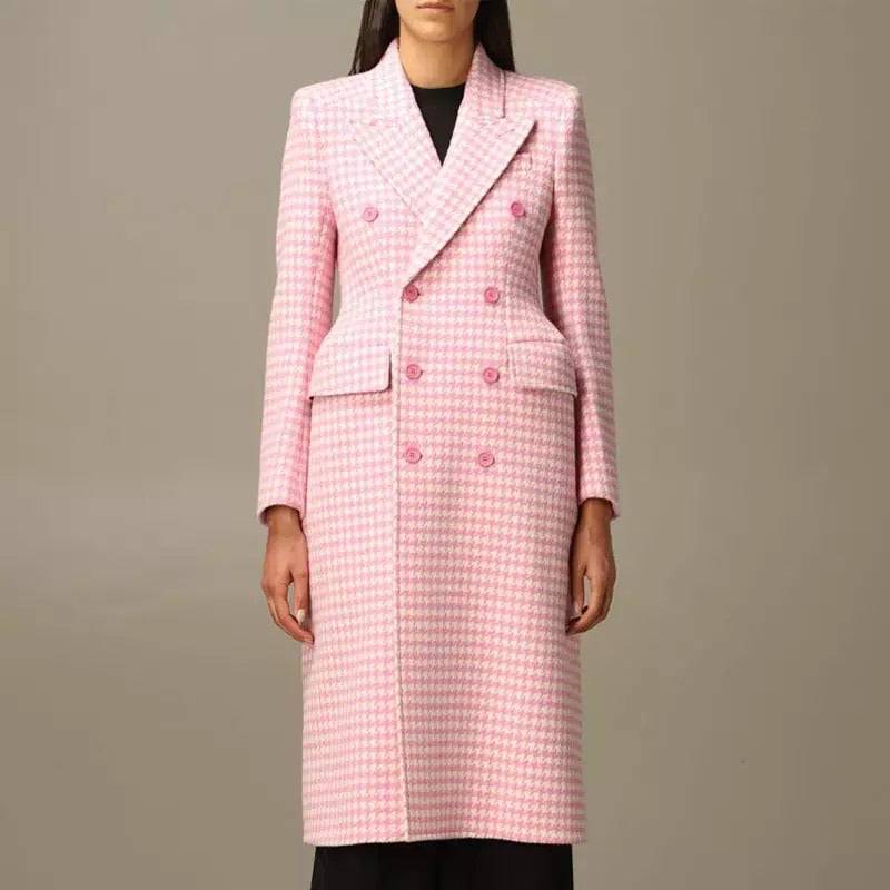 Pink Houndstooth Long Lapel Coat