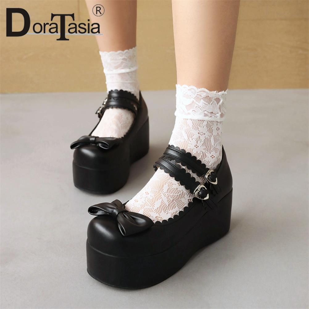 Platform Lolita Pumps Fashion Bow Buckle Wedges High Heels Mary Janes Pumps Sweet Woman Shoes