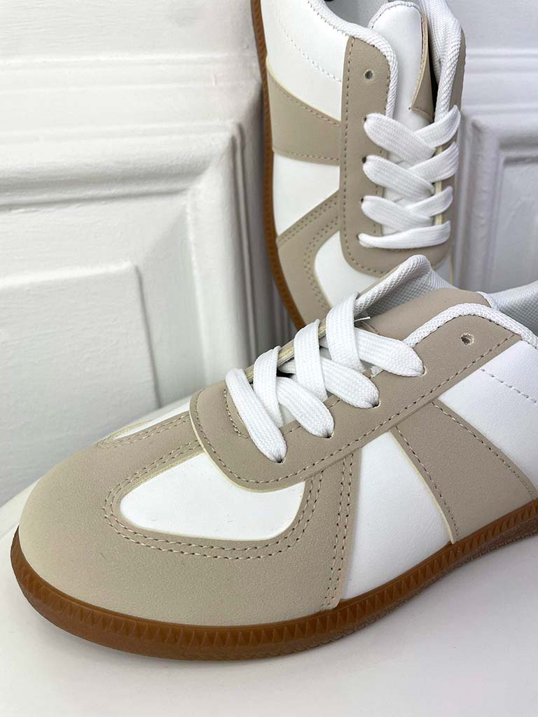 Retro Faux Leather Trainers - White & Stone