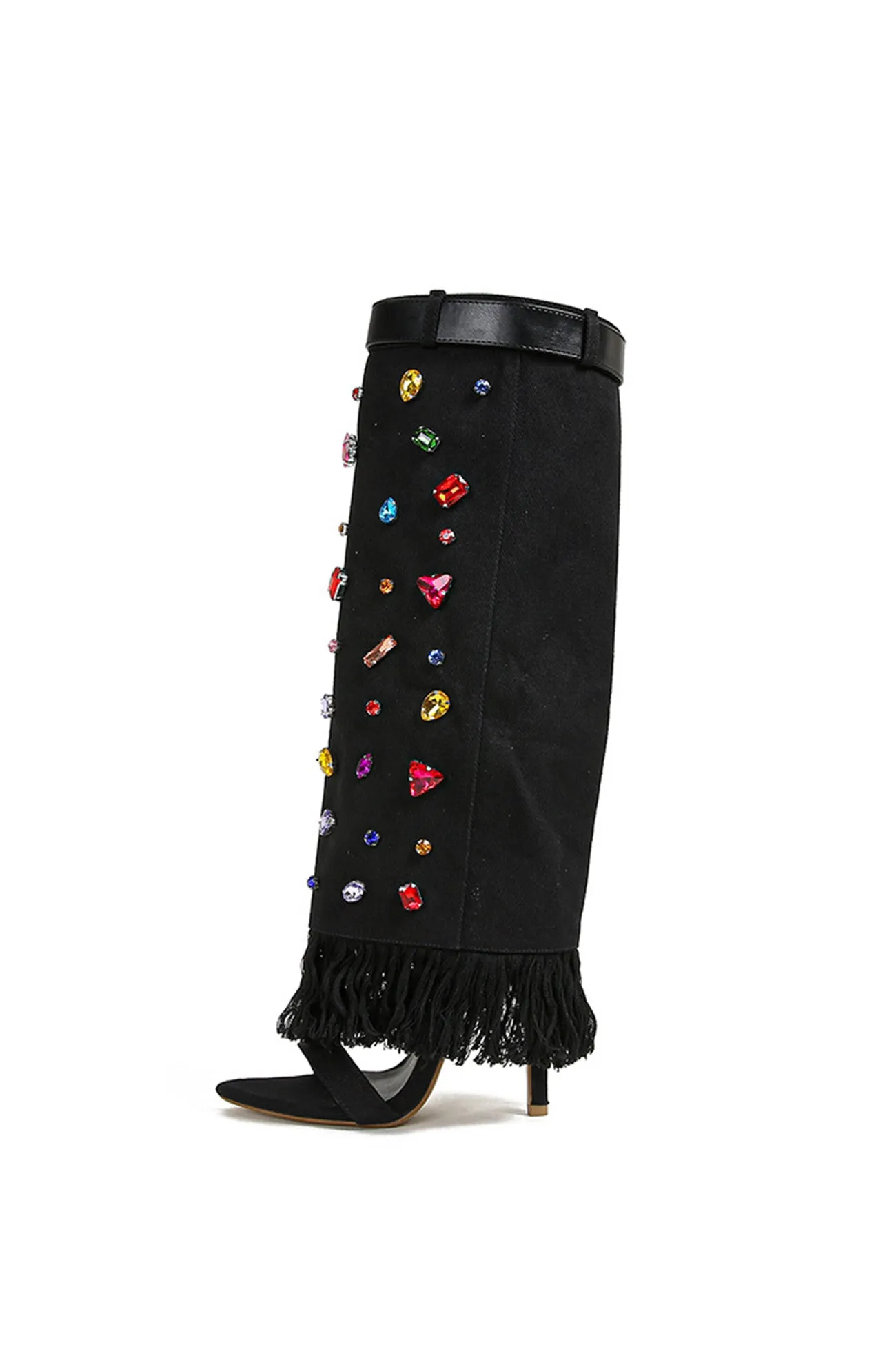 Rhinestone Denim High Heel Pointed Toe Boots