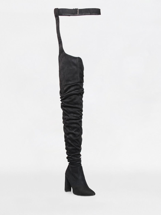 Suede Belt Thigh High Block Heels Boots