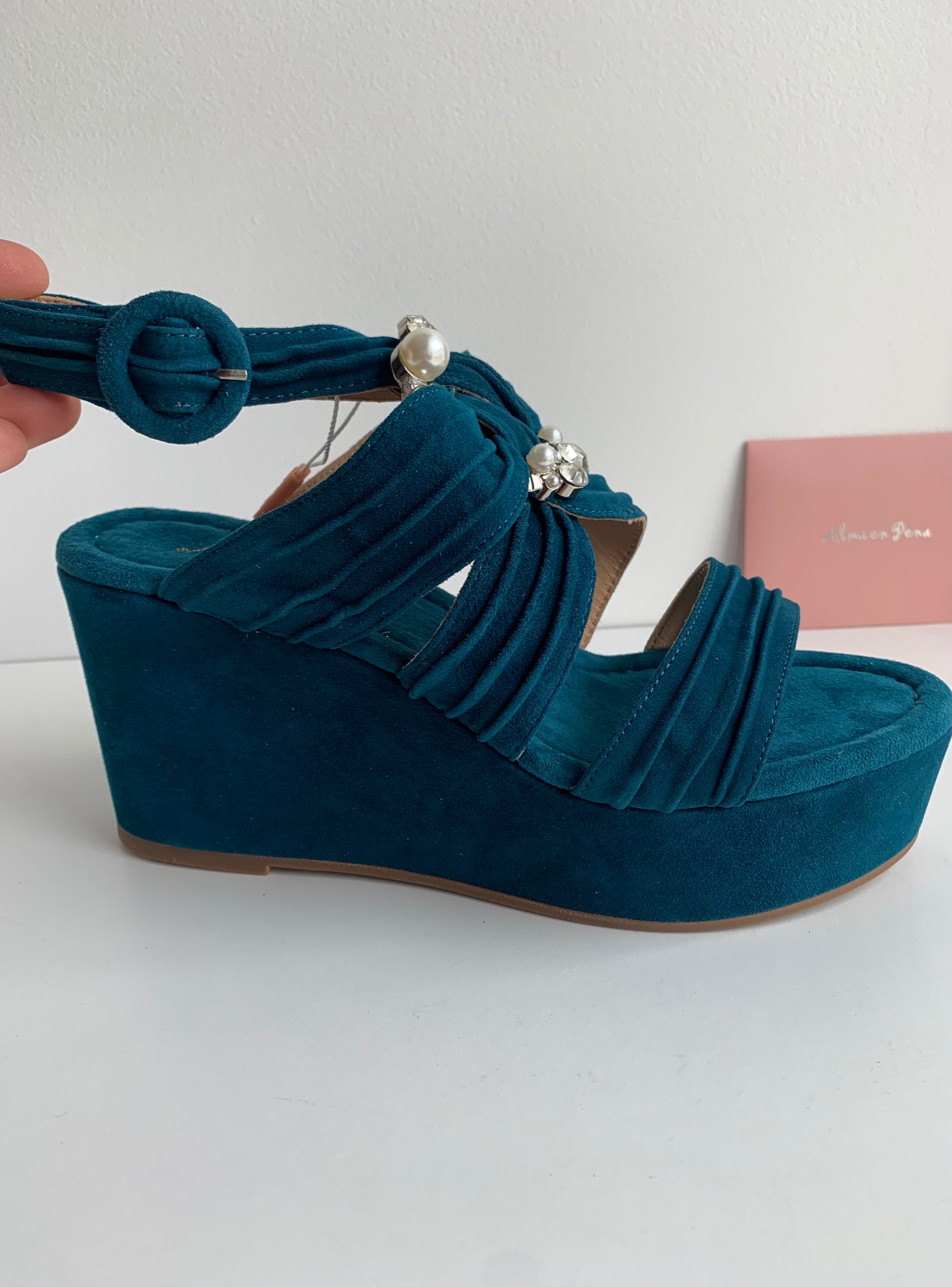 Suede Petrol Blue Jewel Wedge