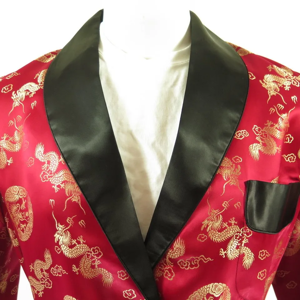 Vintage 60s Brocade Lounge Robe Smoking Jacket Chinese Mens 42 Red Black Satin