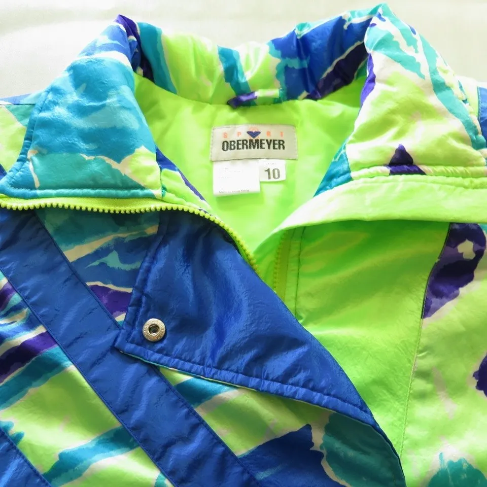 Vintage 80s Obermeyer Ski Jacket Womens 10 Retro Abstract Snowboard Puffy Neon