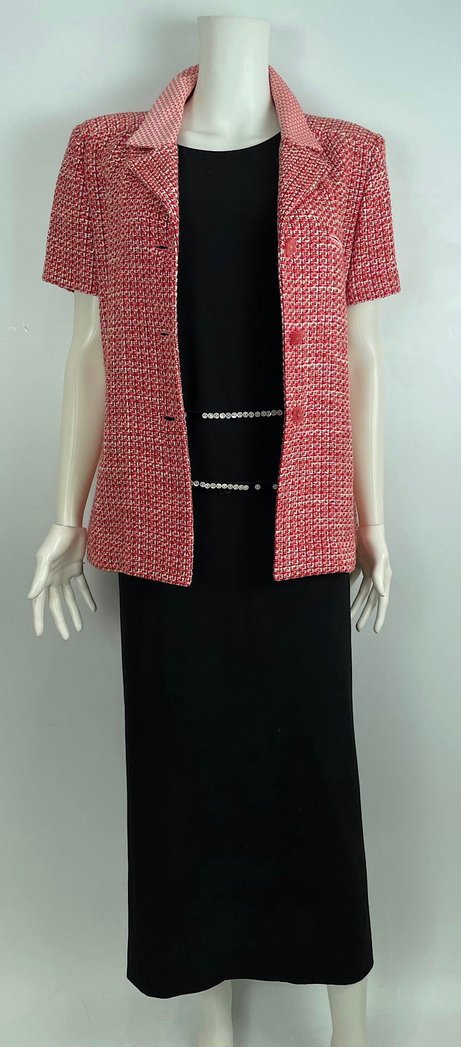 Vintage Chanel 02P, 2002 Spring Pink/Red Short Sleeve Tweed Jacket FR 42