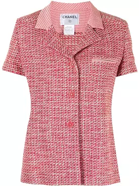 Vintage Chanel 02P, 2002 Spring Pink/Red Short Sleeve Tweed Jacket FR 42