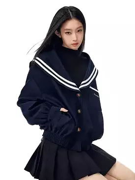 Vintage Sailor Oversize Preppy Jacket Wome Sailor Collar Long Sleeve Coat