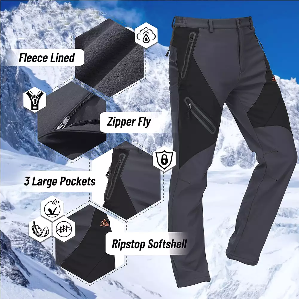 Winter Ski Pants Mens Hiking Warm Fleece Lined Softshell Pants Waterproof Windproof Zipper